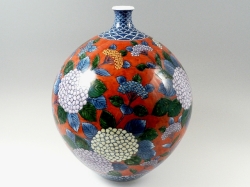 村上玄輝 作品】朱濃紫陽花絵 尺1寸花瓶